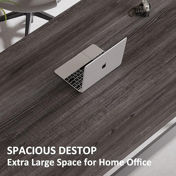 IBF 60 Inch Long Office Desk, Modern Metal Wooden Grey Writing Study Computer Desk for Bedroom, Farmhouse Big Simple Home Office Desks Executive Work Pc Table for Student, Dark Gray Oak