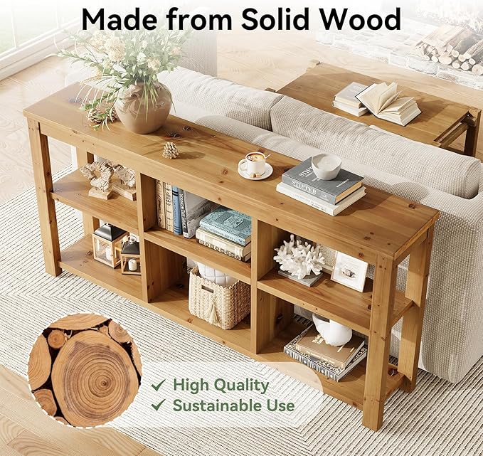 63-Inch Solid Wood Console Sofa Table, 3-Tier Narrow Farmhouse Entryway Table with 6 Storage Cubes for Living Room, Hallway, Brown