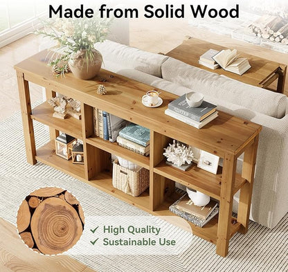 63-Inch Solid Wood Console Sofa Table, 3-Tier Narrow Farmhouse Entryway Table with 6 Storage Cubes for Living Room, Hallway, Brown