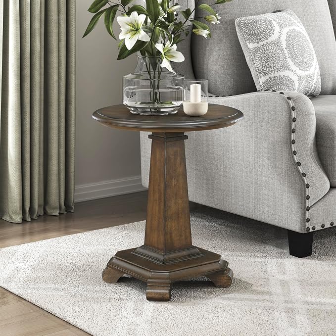 Lexicon 22 Dia. Round End Table, Wood Side Table with Sturdy Pedestal Leg, Cherry Veneer Accent Nightstand with for Small Spaces, Living Room, Bedroom, Entryway, Easy Assembly, Brown
