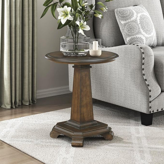 Lexicon 22 Dia. Round End Table, Wood Side Table with Sturdy Pedestal Leg, Cherry Veneer Accent Nightstand with for Small Spaces, Living Room, Bedroom, Entryway, Easy Assembly, Brown