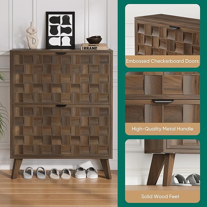 Smuxee Walnut Shoe Cabinet with 2 Flip Drawers, 29.6" Hidden Shoe Storage Cabinet with Embossed Checkerboard Doors, Freestanding Shoe Organizer Cabinet for Entryway, Hallway, Living Room
