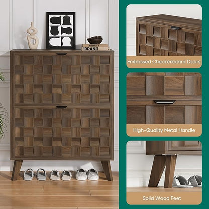 Smuxee Walnut Shoe Cabinet with 2 Flip Drawers, 29.6" Hidden Shoe Storage Cabinet with Embossed Checkerboard Doors, Freestanding Shoe Organizer Cabinet for Entryway, Hallway, Living Room