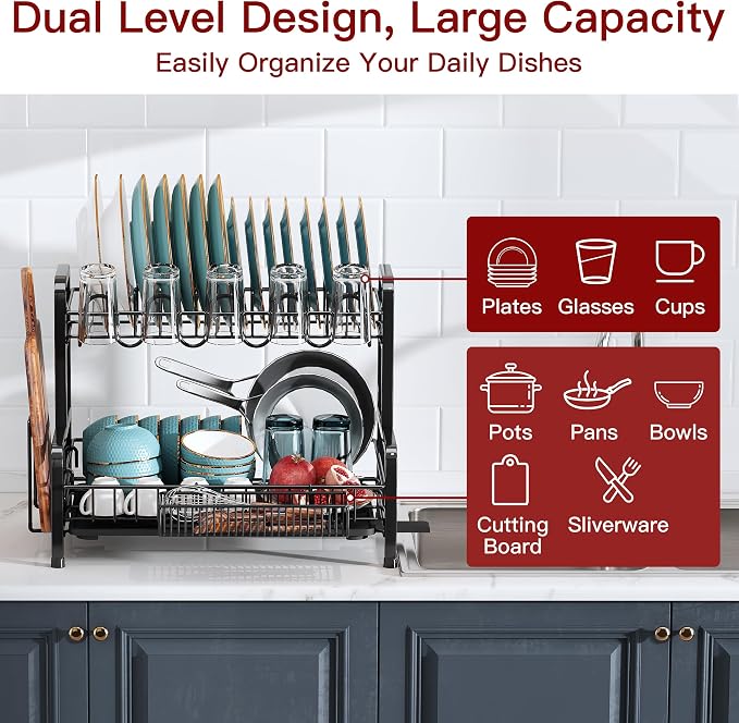 BOOSINY 2 Tier Black Dish Drainer Drying Rack and Drainboard Set, Large Stainless Steel Dish Dryer for Kitchen Counter Space Saving, Big Rustproof Metal Plate Strainer with Utensil Holder & Cup Holder