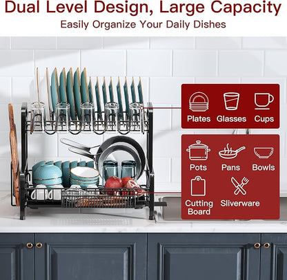 BOOSINY 2 Tier Black Dish Drainer Drying Rack and Drainboard Set, Large Stainless Steel Dish Dryer for Kitchen Counter Space Saving, Big Rustproof Metal Plate Strainer with Utensil Holder & Cup Holder