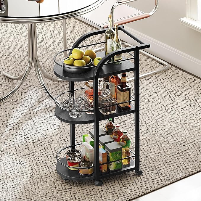 3-Tier Bar Cart, Home Bar Serving Cart with Fence and Wheels, for Dining Room, Living Room, Garden, Party, Black BC06BB