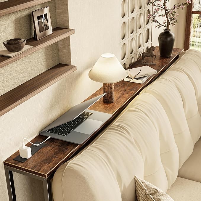 SUPERJARE 70 Inch Console Table with Outlet, Sofa Table with Charging Station, Narrow Entryway Table, Skinny Hallway Table, for Living Room, Rustic Brown