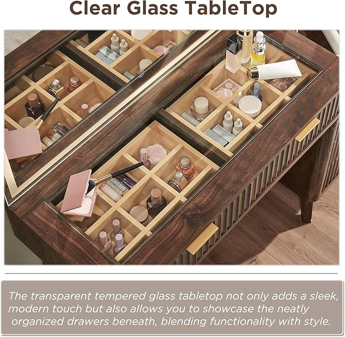 RedLemon 48" Fluted Vanity Desk with 36" Large HD Mirror and Lights, Modern Wood Glass Tabletop Makeup Table with Adjustable Storage Shelves, 5 Drawers, Charging Station for Bedroom, Dark Walnut