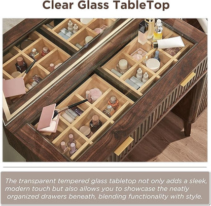 RedLemon 48" Fluted Vanity Desk with 36" Large HD Mirror and Lights, Modern Wood Glass Tabletop Makeup Table with Adjustable Storage Shelves, 5 Drawers, Charging Station for Bedroom, Dark Walnut