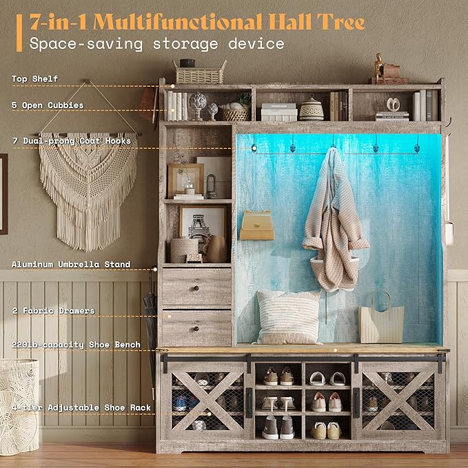 AMERLIFE 7-in-1 Farmhouse Hall Tree with Bench and Shoe Cabinet, LED Entryway Bench with 2 Drawers,12 Shoe Cubbies & Barn Doors, 7 Coat Racks & Adjustable Shelf, Rustic Gray