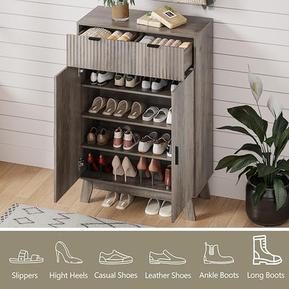 Shoe Cabinet Storage for Entryway, 4 Tier Fluted Shoe Storage Cabinet with 2 Drawers, Narrow Hidden Shoe Organizer with Adjustable Shelves, Freestanding Shoe Rack for Entryway, Hallway, Grey