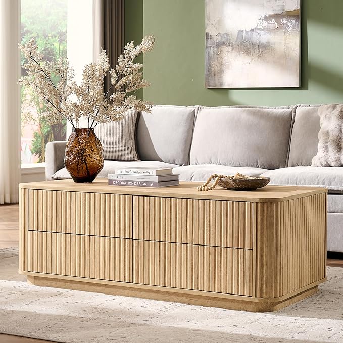 JXQTLINGMU Large Coffee Table with Storage, 51" Modern Fluted Coffee Table with 4 Drawers, Rectangle Wood Center Table for Living Room (Natural Oak)