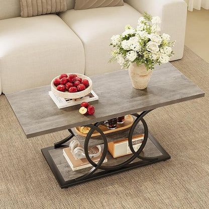 GiftGo Rustic Coffee Table with Storage Industrial 3 Tier Center Living Room Table Farmhouse Wooden Rectangle Cocktail Tea Table for Office Bedroom Elegant Full Moon Design (Vintage Gray, L-47)