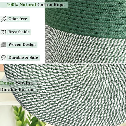 80L Extra Large Green Laundry Hamper Basket, Tall Woven Hamper for Bedroom, Cotton Rope Laundry Basket for Clothes, 16x22 Inches