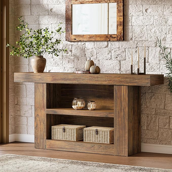 Tribesigns 63-Inch Console Table with Storage, 3-Tier Farmhouse Entryway Table with U-Shaped Base, Wooden Sofa Table Behind The Couch for Entrance, Hallway, Living Room Foyer, Brown