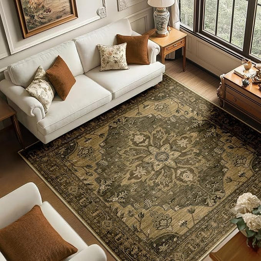 RELEANY Area Rugs Square 6ft Washable Non-Slip, Floral Vintage Distress Medallion Carpet for Living Room Bedroom Dining Room, Brown Dark Brown