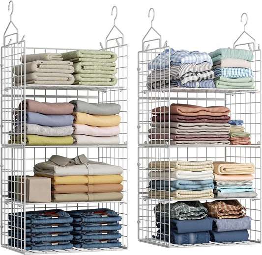 X-cosrack 8-Tier Closet Hanging Organizer Shelf - Hanging Clothes Organizer Shelves, Metal & Foldable Hanging Closet Organizer Baskets with Adjustable Dividers for Clothing Sweaters Shoes Handbags