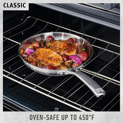 Calphalon Classic Stainless Steel Cookware Set, 10-Piece, Impact-Bonded Aluminum Base, Stay-Cool Handles, Oven Safe 450F, Silver