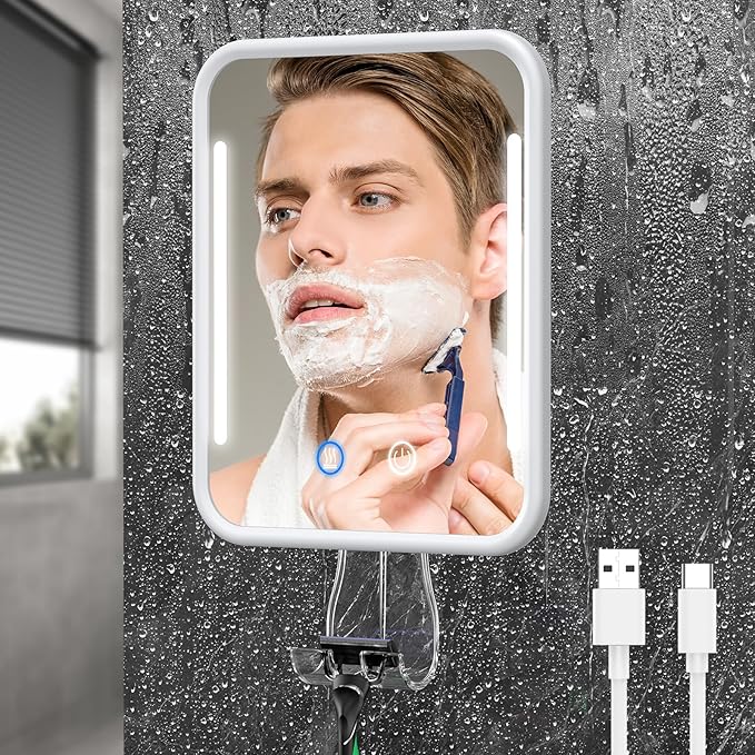 Lighted Shower Mirror Fogless for Shaving with Light, 5000mAh Heated Fogless Mirror for Shower, Detachable Razor Holder and Suction Cup for Wall, NO-Drilling, Waterproof for Bathroom (White)