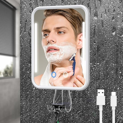 Lighted Shower Mirror Fogless for Shaving with Light, 5000mAh Heated Fogless Mirror for Shower, Detachable Razor Holder and Suction Cup for Wall, NO-Drilling, Waterproof for Bathroom (White)