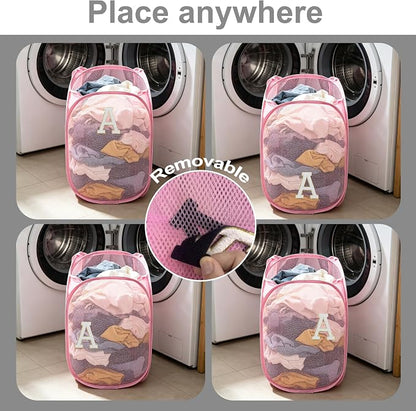 Collapsible Pop Up Laundry Hamper, Extra Large with Removable Initial Letter A, Mesh Foldable Laundry Basket, 28" x 16" x 16" (Pink)