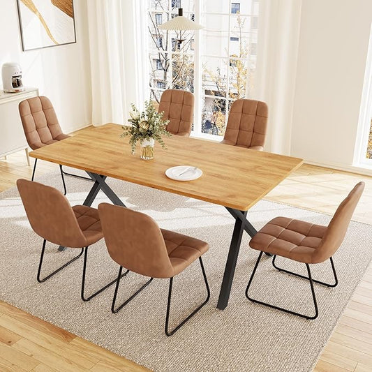 HIPIHOM 7-Piece Dining Table Set for 6 People, 63" MDF Kitchen Table with 6 Upholstered Chairs, Metal Legs for Dining Room, Kitchen(Oak Table+6 U-Shaped Brown Chairs)