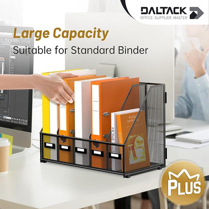 DALTACK 5 Vertical Compartments Magazine File Holder, Binder Organizer, Metal Desk Organizers for Office Home School Classroom Organization, Black Plus