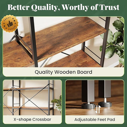 Huuger 4 Tier Bookshelf, L Shaped Corner Bookshelf with 8 Open Shelves, 49.4 Inch Straight Wide Bookcase with Metal Frame and Wooden Board, Adjustable Feet, Rustic Brown
