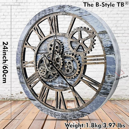 The B-Style Large Wall Clock 24 inch Moving Gear Wall Clock Oversized Vintage Farmhouse Wall Clocks for Living Room Decor Rustic Industrial Wood Clock (Aqua Green)