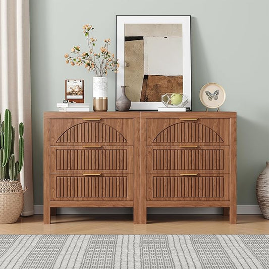 6 Drawer Dresser, Farmhouse Fluted Chest of Drawers, Wooden End Table, Mid- Century Modern Bedroom Nightstand Side Table for Bedrooms, Closets, Hallways, and Entryways, Walnut X2
