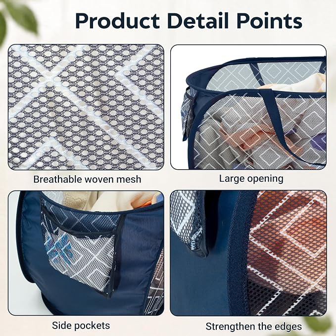Collapsible Laundry Baskets with Side Pocket, Sturdy Pop Up Foldable Laundry Hamper with Reinforced Handles, Easy to Carry Clothes Hamper for Bathroom, Bedroom, Dorm, Travel -Prism Print, Navy Blue