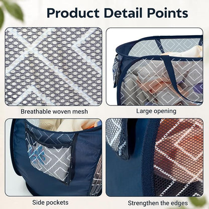 Collapsible Laundry Baskets with Side Pocket, Sturdy Pop Up Foldable Laundry Hamper with Reinforced Handles, Easy to Carry Clothes Hamper for Bathroom, Bedroom, Dorm, Travel -Prism Print, Navy Blue