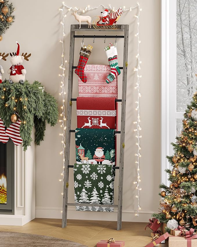 Hzuaneri Blanket Ladder Shelf, Decorative Quilt Rack, 7-Tier Farmhouse Ladder Holder Organizer with 4 Removable Hooks 7.9" D x 17.3" W x 66.9" H, Greige BR36805B