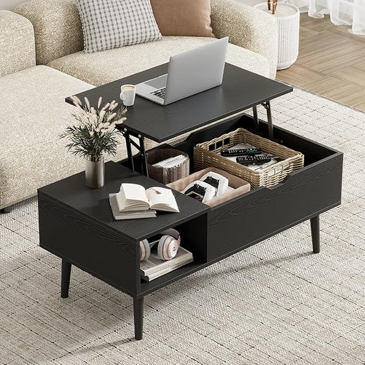 Wood Lift Top Coffee Table with Hidden Storage Compartment & Open Shelf, Multi-Functional Wooden Tabletop Dining Table for Living Room, Home Small Space