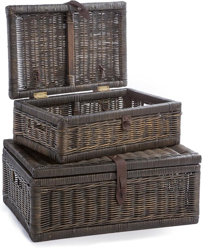 The Basket Lady Covered Wicker Storage Basket, Large, 20 in L x 14 in W x 8 in H, Antique Walnut Brown