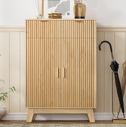 Shoe Cabinet Storage for Entryway, 4 Tier Fluted Shoe Storage Cabinet with 2 Drawers, Narrow Hidden Shoe Organizer with Adjustable Shelves, Freestanding Shoe Rack for Entryway, Hallway, Oak