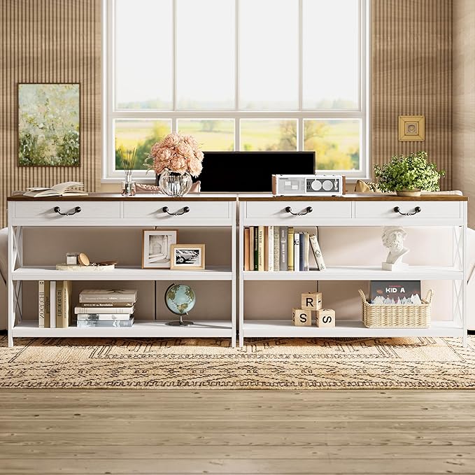 IRONCK Farmhouse Console Table, Sofa Table with Drawer, Narrow Long Entry Table with 2 Shelf for Entryway, Living Room, Hallway, White/Walnut