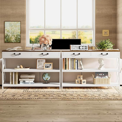 IRONCK Farmhouse Console Table, Sofa Table with Drawer, Narrow Long Entry Table with 2 Shelf for Entryway, Living Room, Hallway, White/Walnut