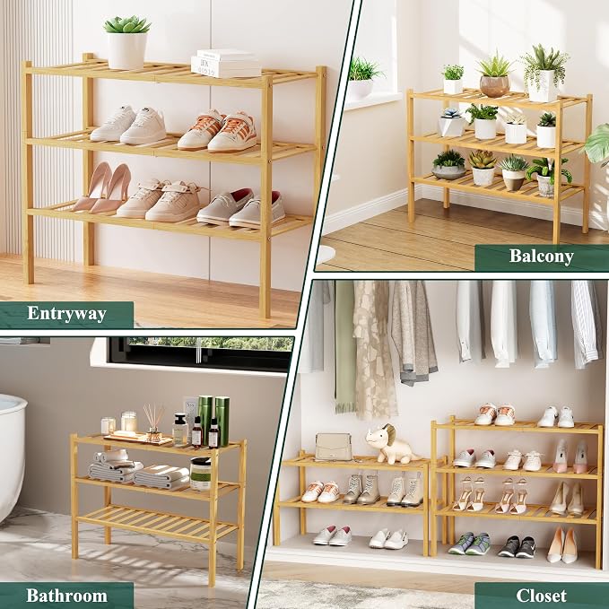 Smiry Shoe Rack, 3 Tier Bamboo Shoe Organizer, Stackable Free Standing Wooden Shoe Storage Shelf for Closet, Entryway, Front Door Entrance, Natural (Pack of 2)