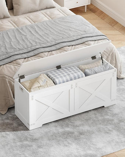 47.2" Storage Chest, Large Storage Trunk with 2 Hinges, Farmhouse Wooden Box Bench, Lift-Top Organizer Chest, Entryway Trunk for Bedroom, Living Room, White SB12103X