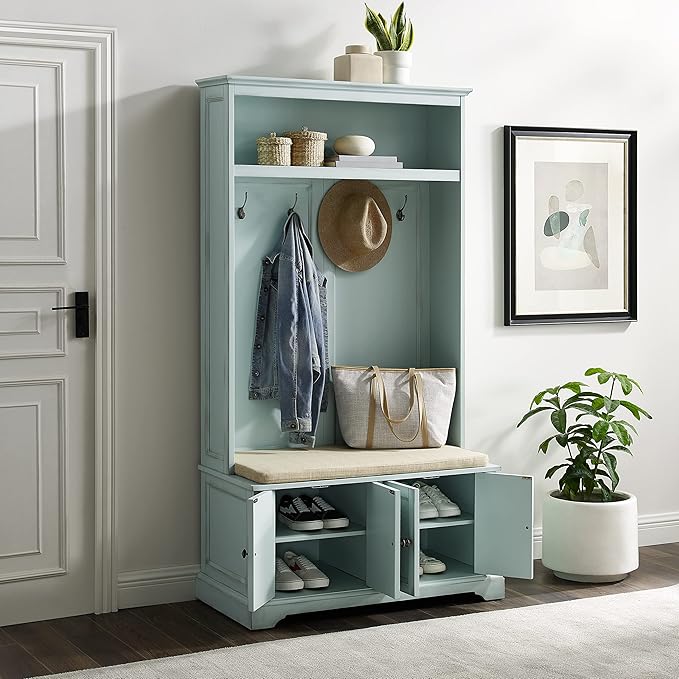 Crosley Furniture Holbrook Hall Tree with Shoe Rack Bench and Coat Hooks for Hanging Storage, Distressed Seafoam Blue