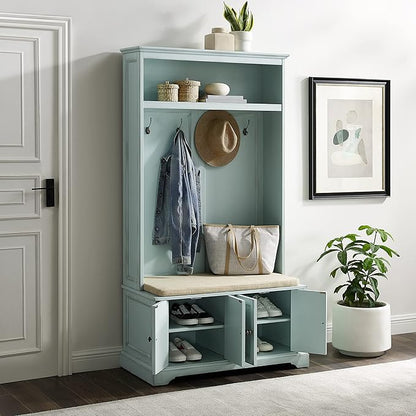 Crosley Furniture Holbrook Hall Tree with Shoe Rack Bench and Coat Hooks for Hanging Storage, Distressed Seafoam Blue