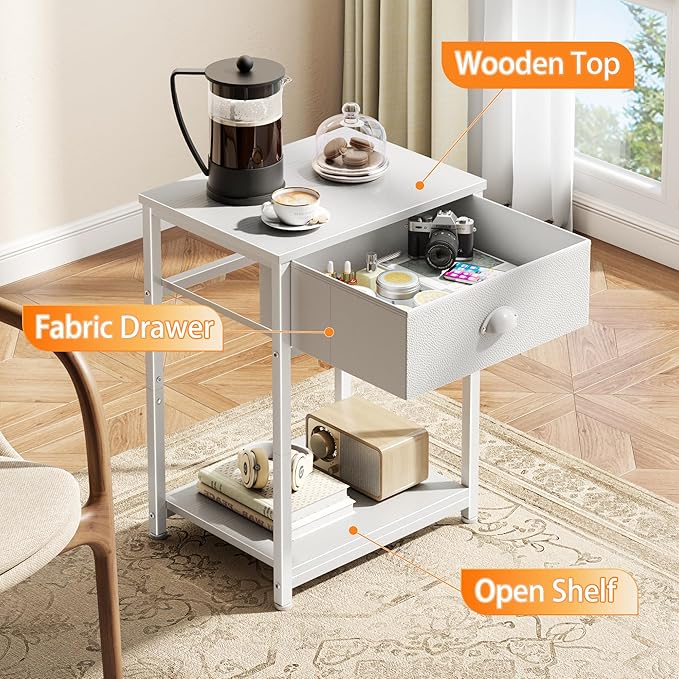 Furologee White Nightstands Set of 2, End Table with Fabric Drawer, Small Side Table for Small Spaces, 2 Tiers Storage Shelves End Table, Bedside Table for Living Room, Bedroom, Dorm