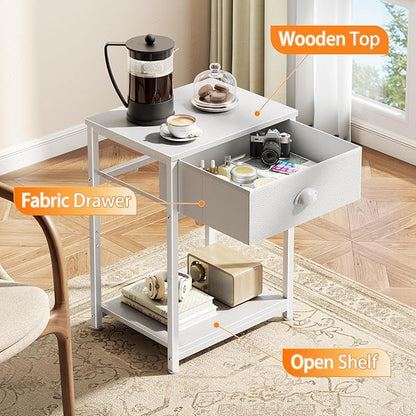 Furologee White Nightstands Set of 2, End Table with Fabric Drawer, Small Side Table for Small Spaces, 2 Tiers Storage Shelves End Table, Bedside Table for Living Room, Bedroom, Dorm