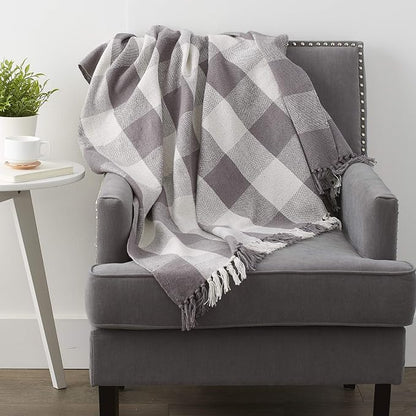 DII Buffalo Check Collection Rustic Farmhouse Throw Blanket with Tassles, 50x60, Gray/White
