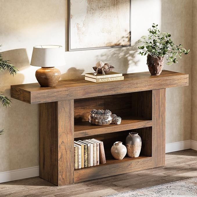 Tribesigns 63-Inch Console Table with Storage, 3-Tier Farmhouse Entryway Table with U-Shaped Base, Wooden Sofa Table Behind The Couch for Entrance, Hallway, Living Room Foyer, Brown