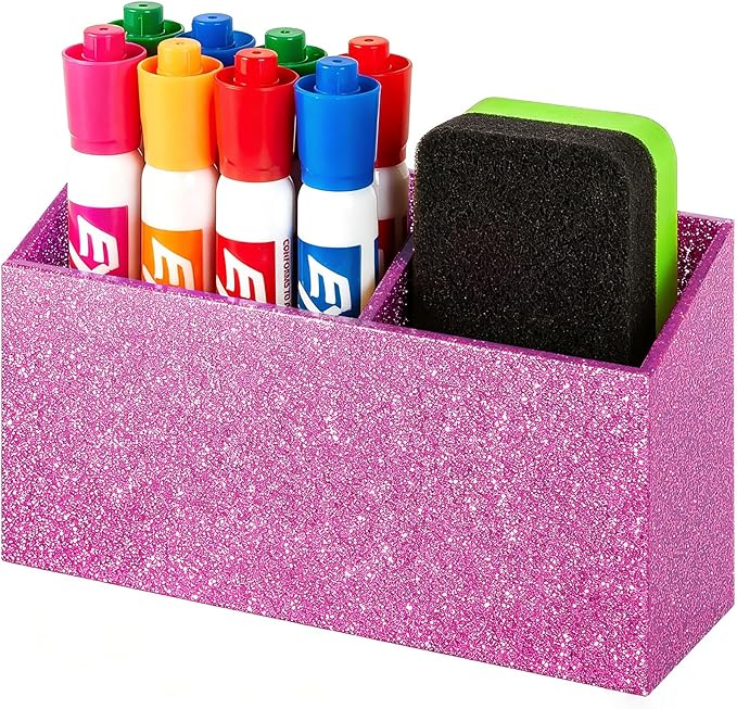 BEYGORM Magnetic Dry Erase Marker Holder for Whiteboard,Non-slip Acrylic Magnet Pen Holder for Fridge Refrigerator,Locker Organizer for Work,Locker Accessories,Pencil Cup for Desk(Bling Pink)