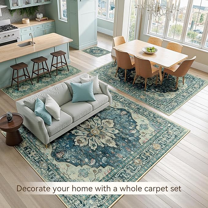 RELEANY Area Rugs 3'x5' Washable Non-Slip, Floral Vintage Distress Medallion Carpet for Living Room Bedroom Dining Room, Dark Blue Vintage