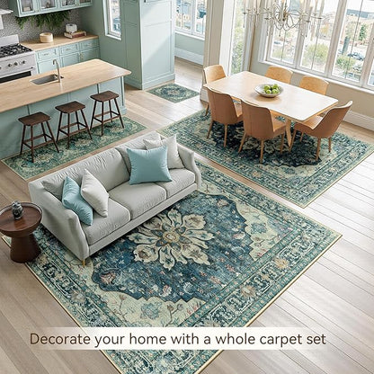 RELEANY Area Rugs 8'x10' Washable Non-Slip, Floral Vintage Distress Medallion Carpet for Living Room Bedroom Dining Room, Dark Blue Vintage