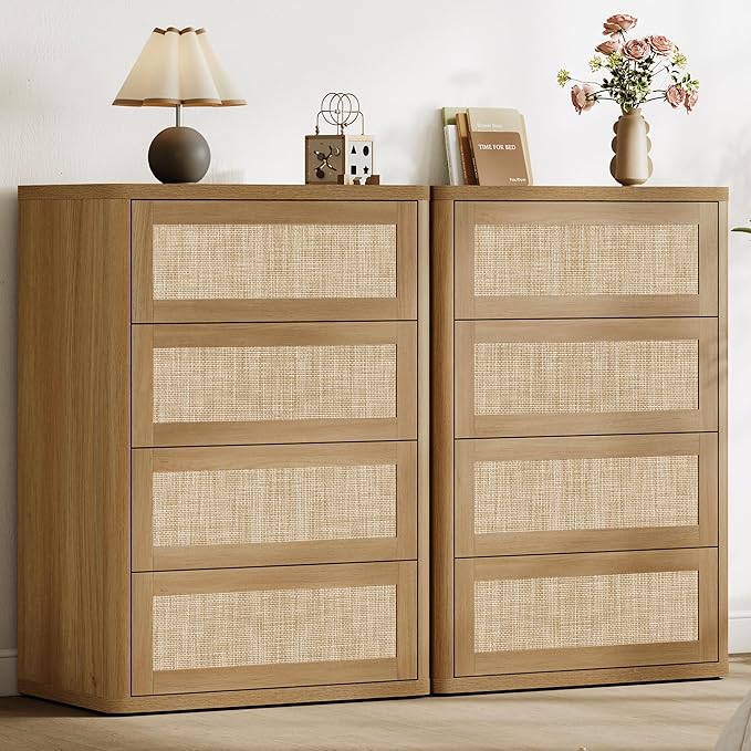 SICOTAS 4 Drawer Dresser for Bedroom-40.59'' Tall Rattan Bedroom Dressers with Oversized Drawers, Modern Wooden Chest of Drawers, Push-to-Open Storage Dresser for Closet, Nursery, Amber Oak, 2PCS
